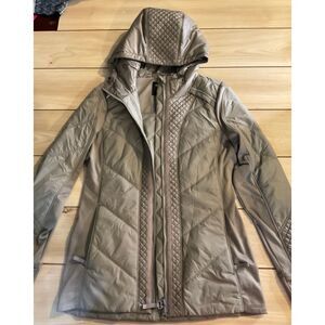 Athleta Women's Primaloft Quilted Hooded Jacket L Taupe Lightweight Insulated